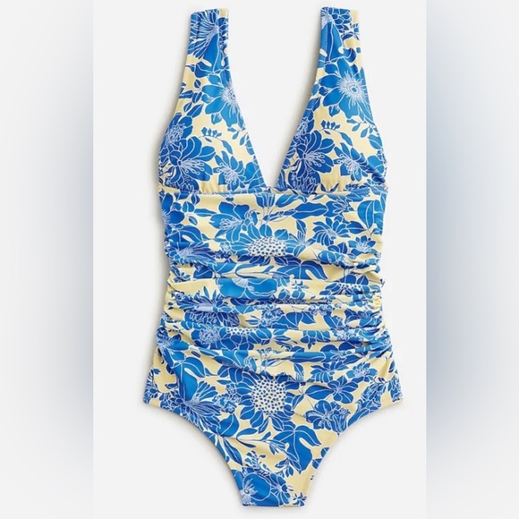 J.CREW Ruched V-neck one-piece full-coverage swimsuit in blue floral - 4 - Picture 1 of 9